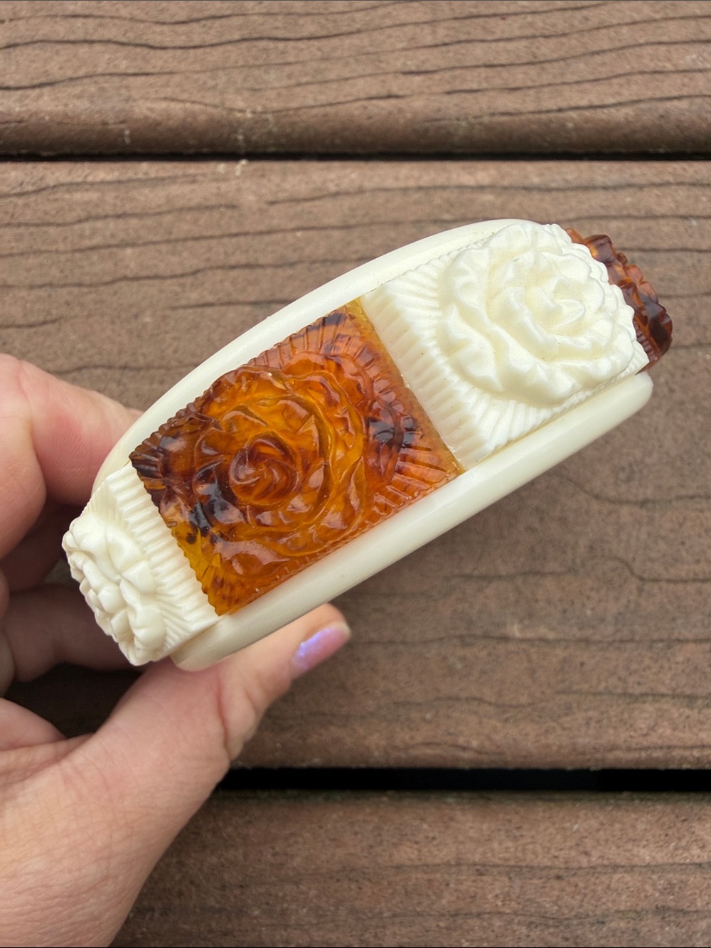 Vintage Carved Floral Resin Bracelet in Ivory and Amber